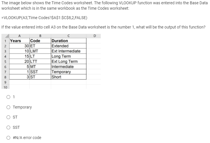  The image below shows the Time Codes worksheet. The following VLOOKUP