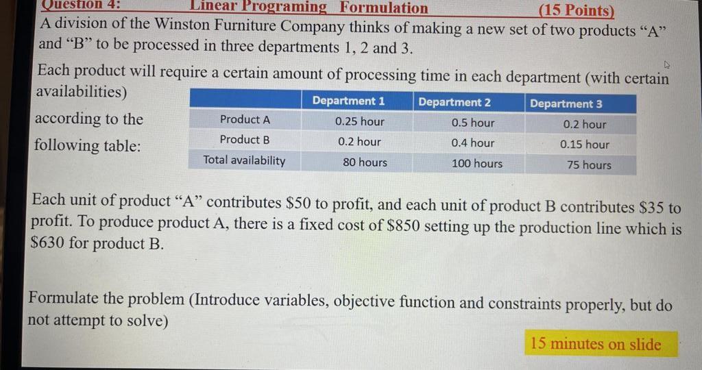Question 4: Linear Programing Formulation (15