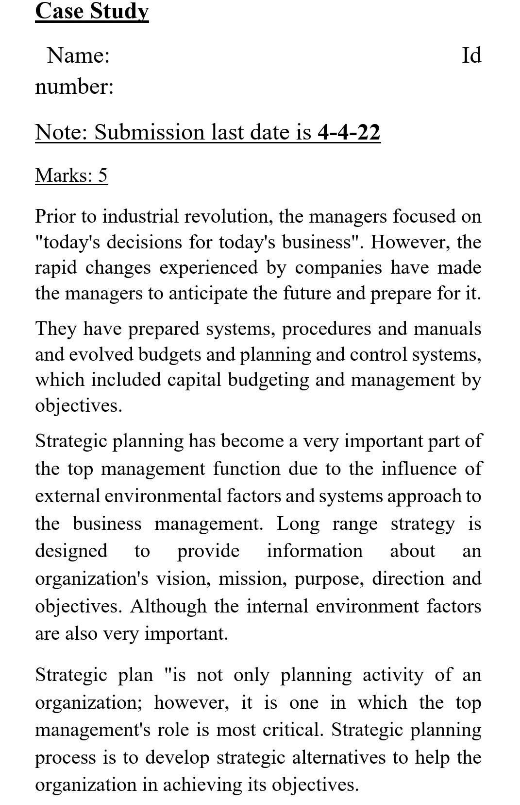 Strategy Management course Case Study Id Name: