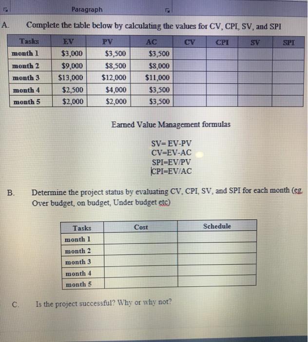 Paragraph A. Complete the table below by