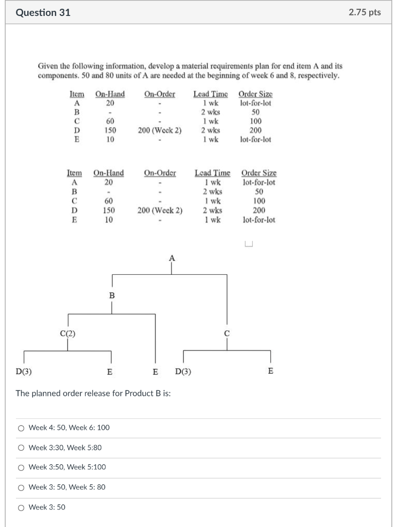 Question 31 2.75 pts Given the following