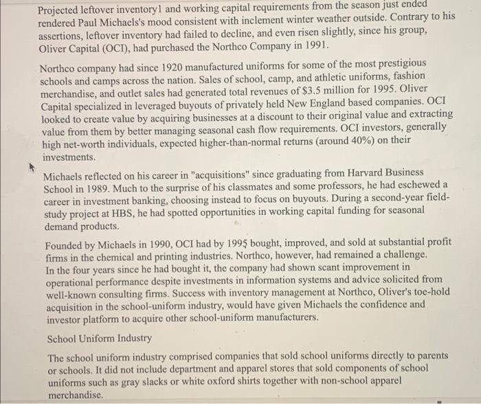 Projected leftover inventoryl and working capital