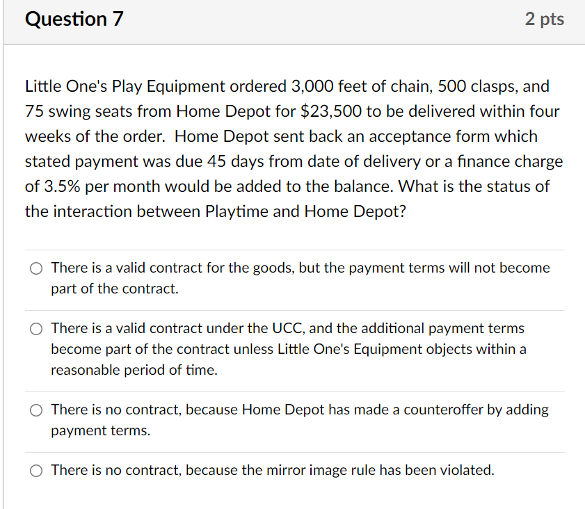 Question 7 2 pts Little One's Play Equipment