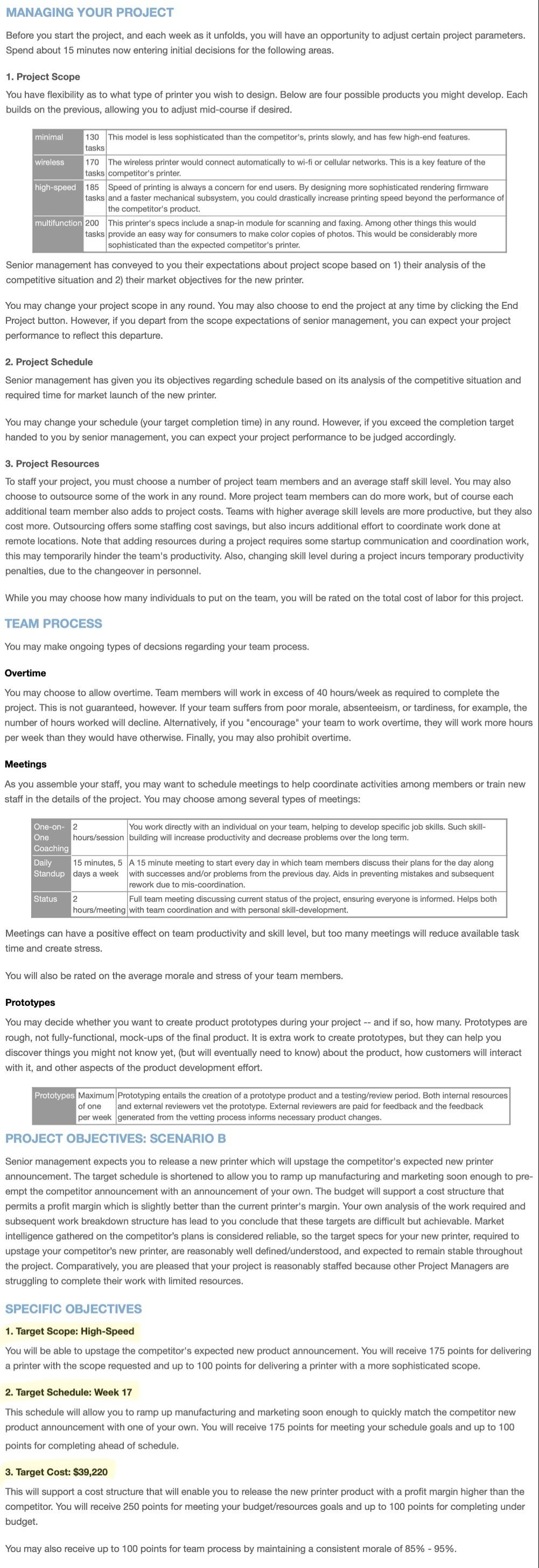 Harvard Project Management Simulation You are a