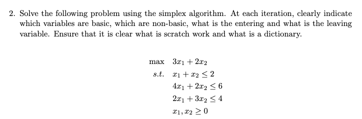 2. Solve the following problem using the simplex