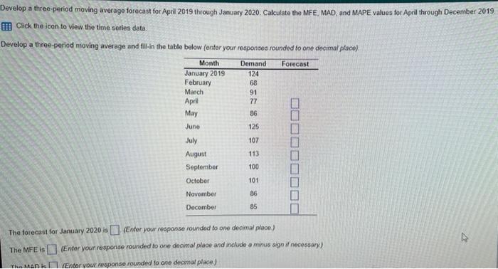 Develop a three-period moving average forecast