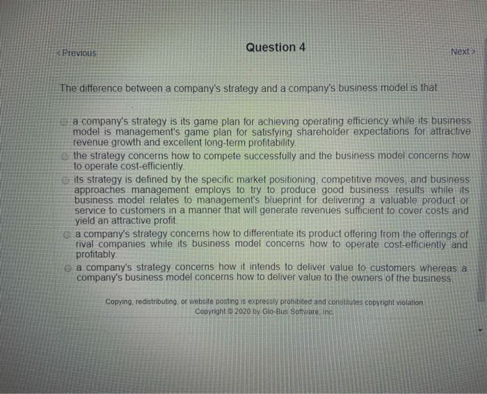 Question 4 Previous Next > The difference between