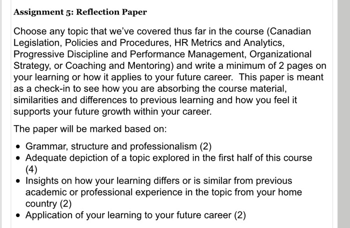 Assignment 5: Reflection Paper Choose any topic
