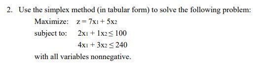2. Use the simplex method (in tabular form) to