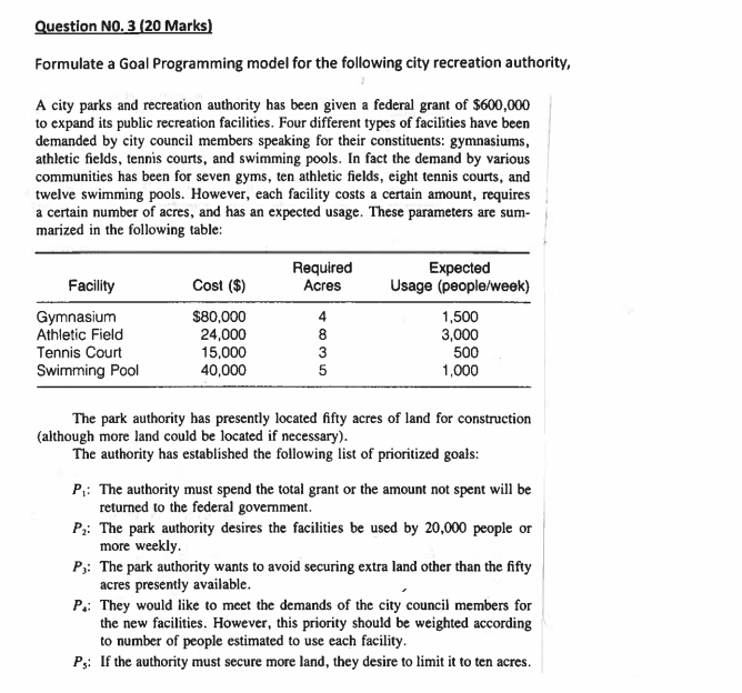 Question NO. 3 (20 Marks) Formulate a Goal