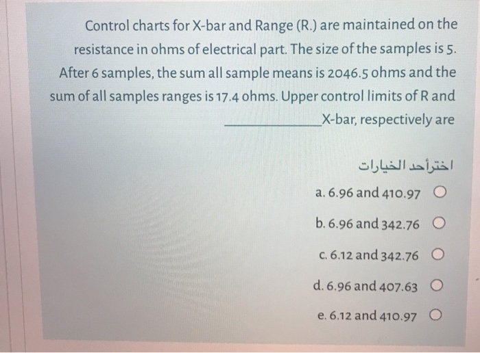 Control charts for X-bar and Range (R.) are