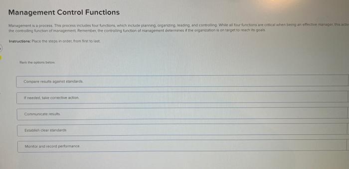 Please help Management Control Functions