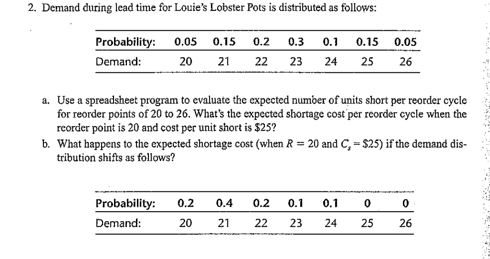 2. Demand during lead time for Louie's Lobster