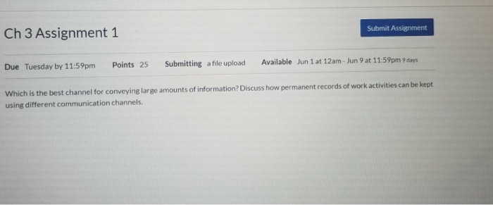 Submit Assignment Ch 3 Assignment 1 Due Tuesday
