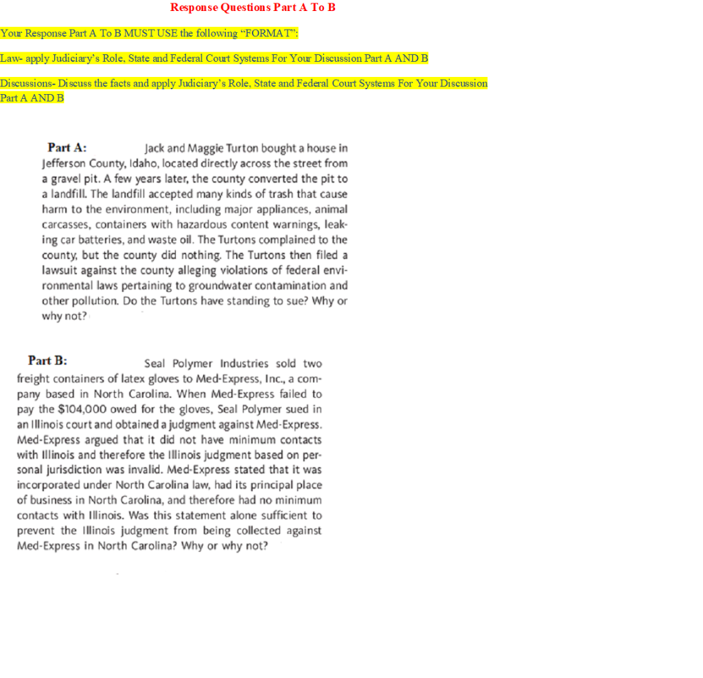 Response Questions Part A To B Your Response Part