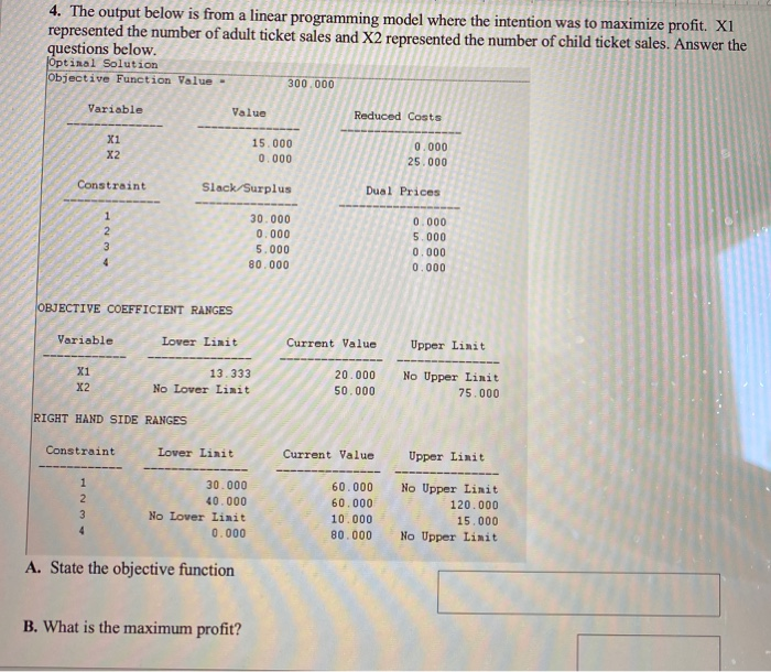 4. The output below is from a linear programming