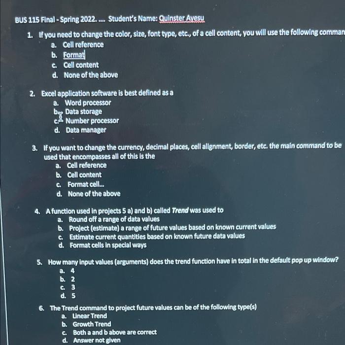 BUS 115 Final - Spring 2022. ... Student's Name: