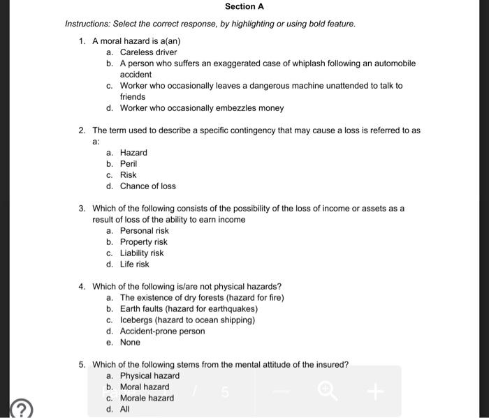 Section A Instructions: Select the correct