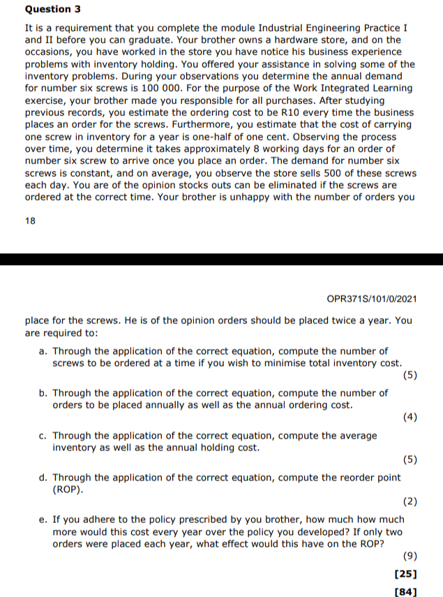 Question 3 It is a requirement that you complete