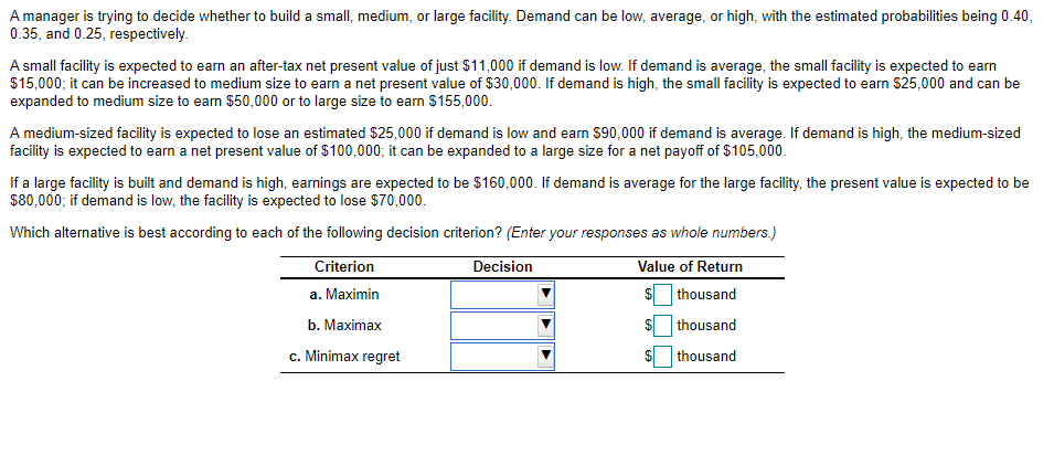 Amanager is trying to decide whether to build a