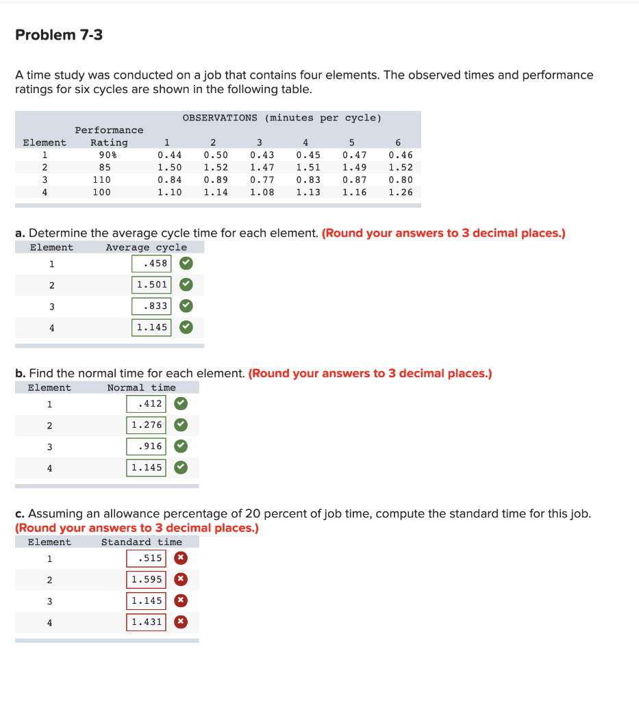 Problem 7-3 A time study was conducted on a job
