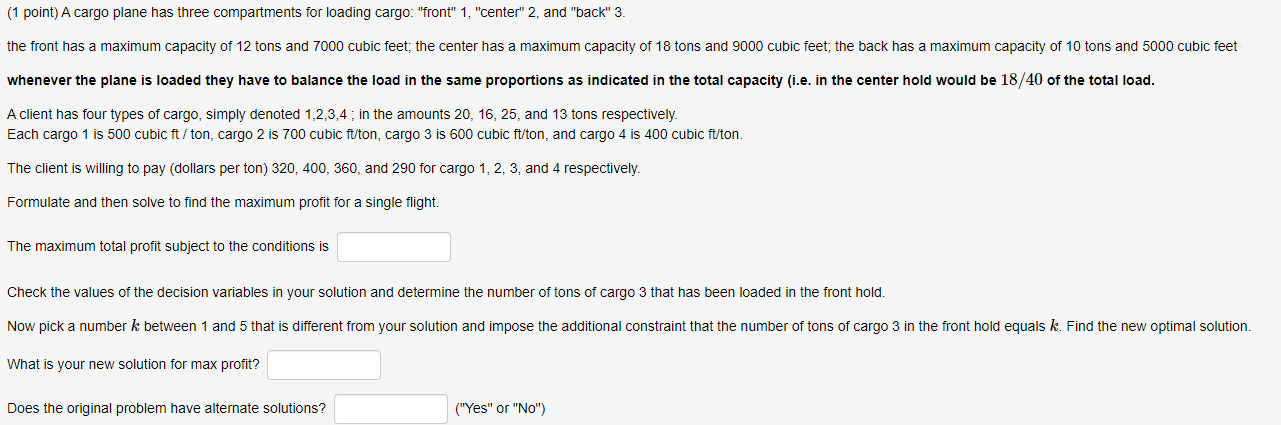 (1 point) A cargo plane has three compartments