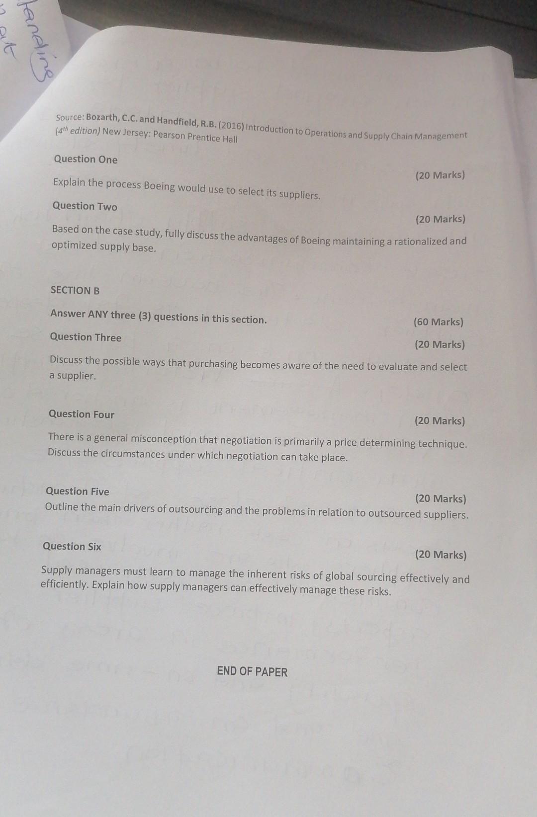 Supply chain management questions 1 and 2 Section