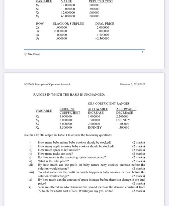 Question 2 (20 marks: The LINDO output for the