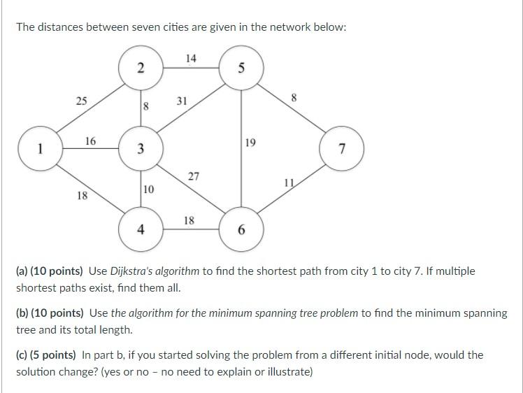 The distances between seven cities are given in