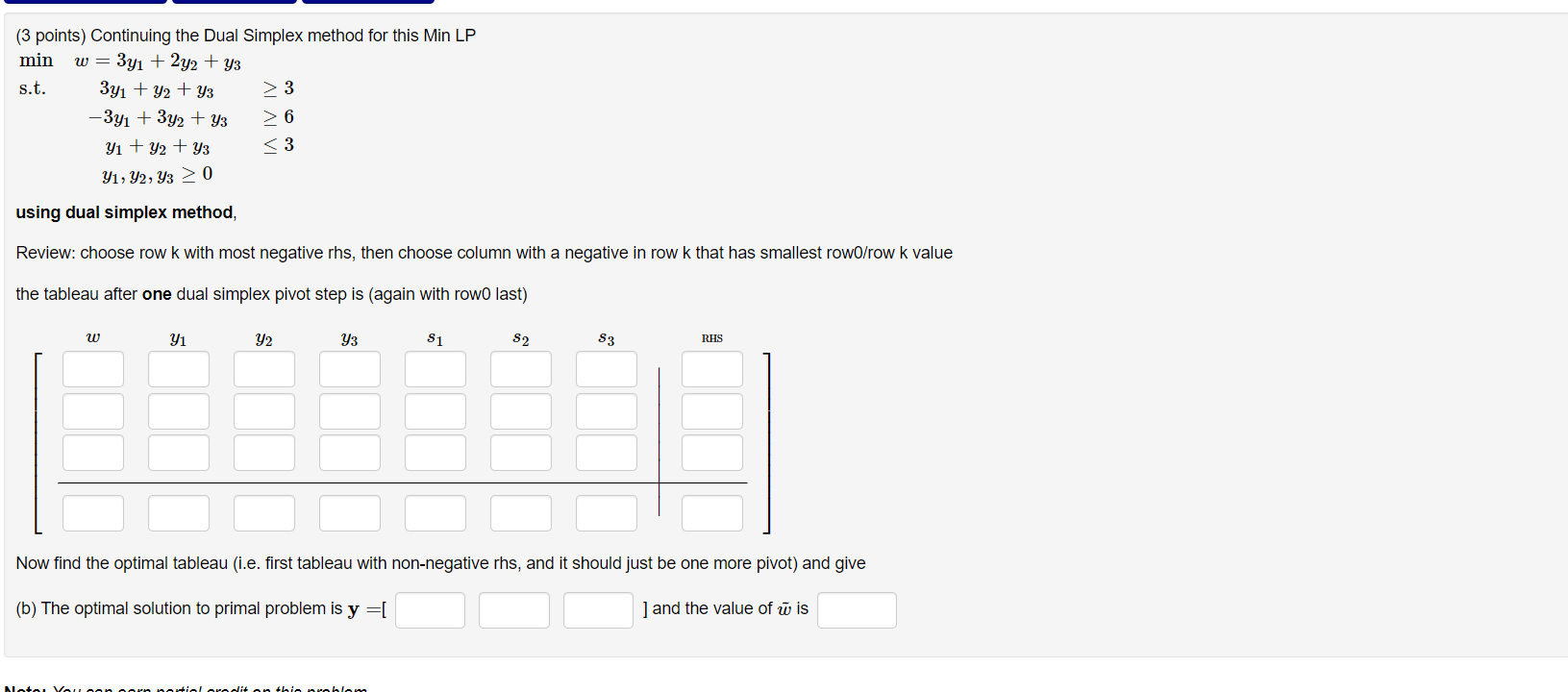 (3 points) Continuing the Dual Simplex method for