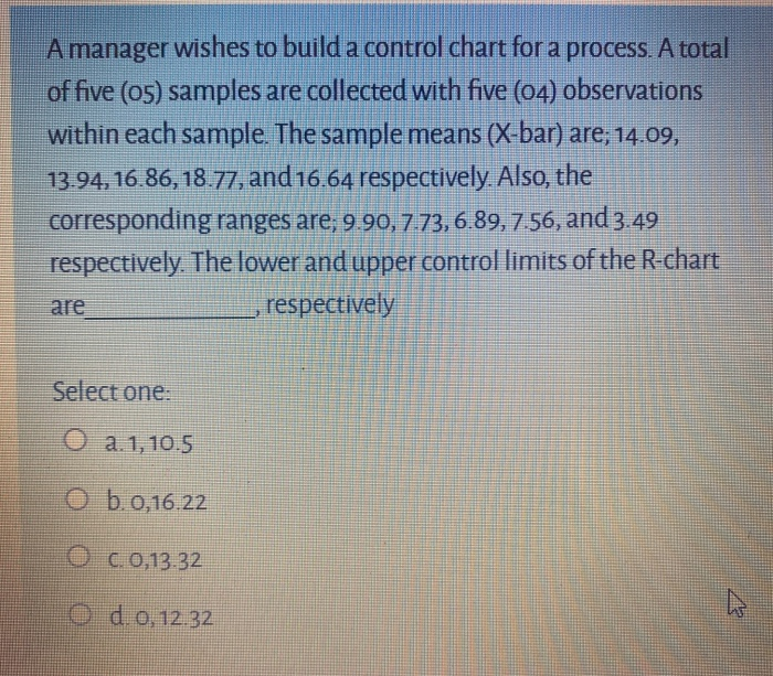 A manager wishes to build a control chart for a
