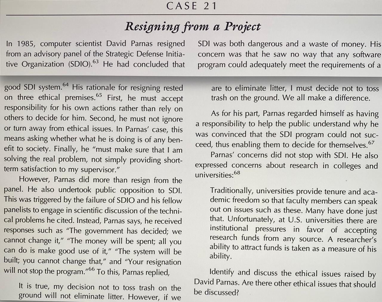 In 1985, computer scientist David Parnas resigned