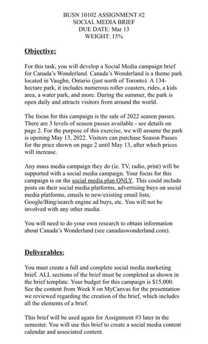 BUSN 10102 ASSIGNMENT #2 SOCIAL MEDIA BRIEF DUE