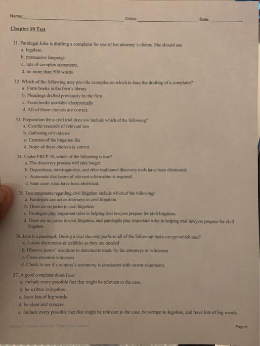 Name: Class: Date Chapter 10 Test 31. Paralegal