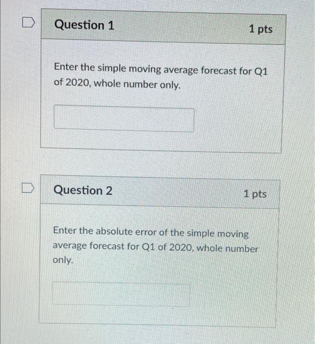 Question 1 1 pts Enter the simple moving average