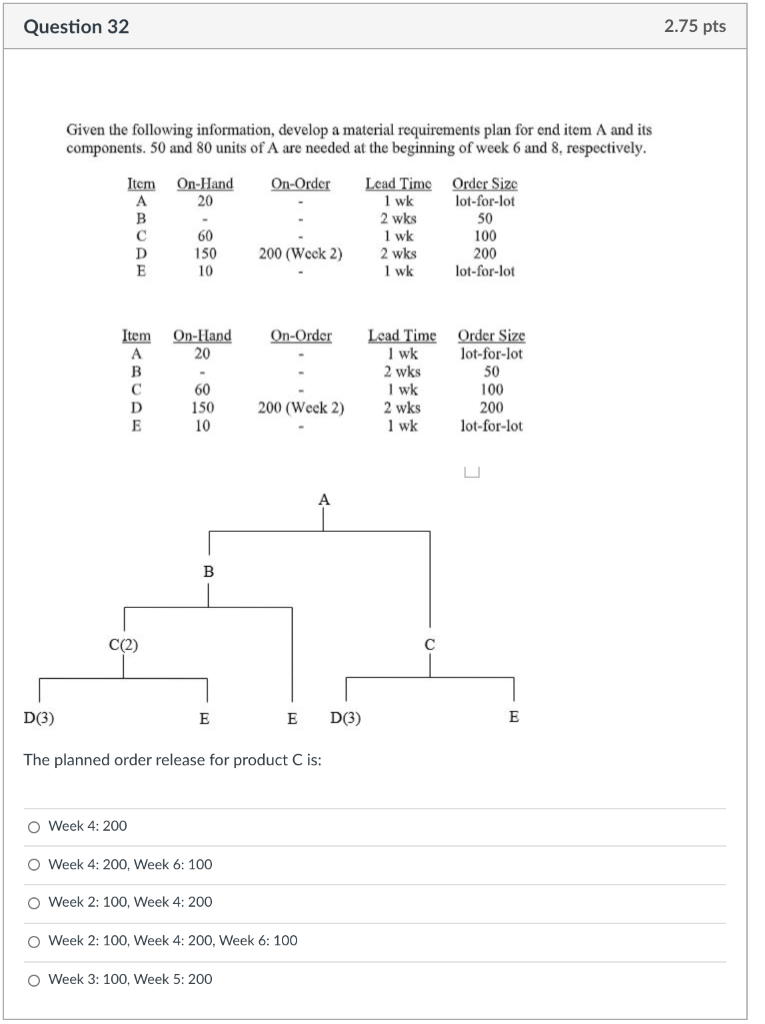 Question 32 2.75 pts Given the following