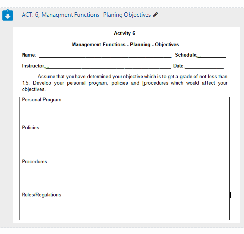 ACT. 6, Managment Functions - Planing Objectives