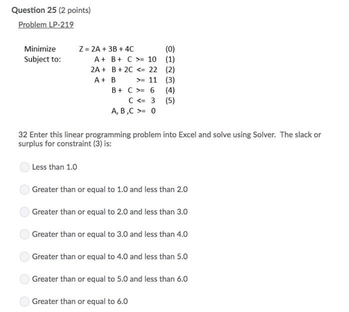 Question 23 (2 points) Problem LP-219 Minimize