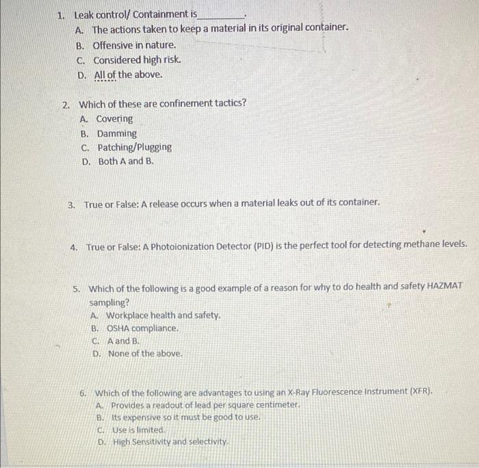 Answer each question below. 1. Leak control/