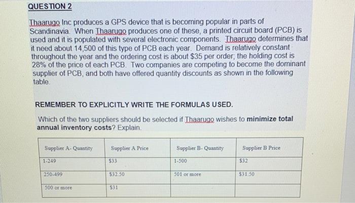 QUESTION 2 Thaarugo Inc produces a GPS device