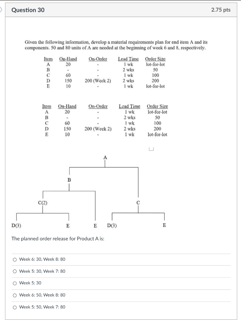 Question 30 2.75 pts Given the following