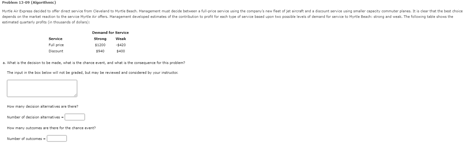 Problem 13-09 (Algorithmic) Myrtle Air Express