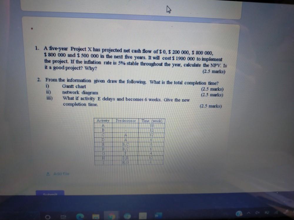 1. A five-year Project X has projected net cash