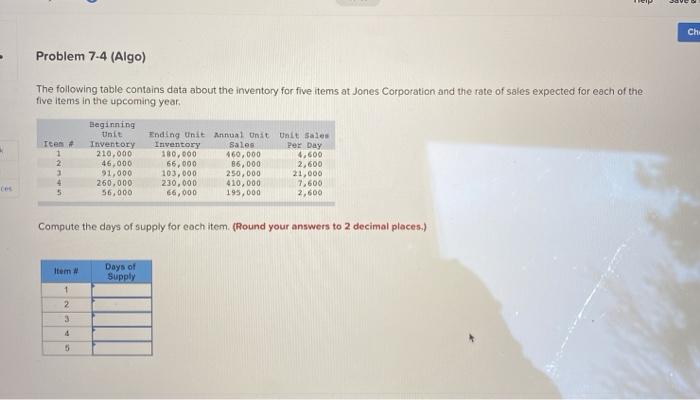 Ch Problem 7-4 (Algo) The following table