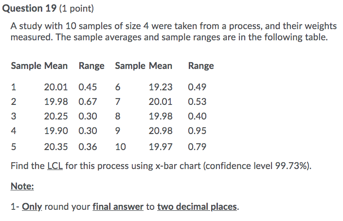 Question 19 (1 point) A study with 10 samples of