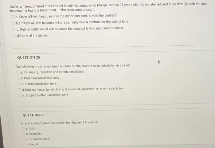 Kevin, a minor, entered in a contract to sell his