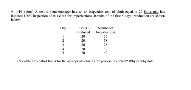 4. (10 points) A textile plant manager has set an