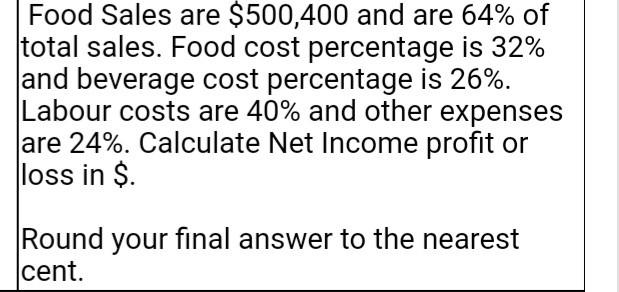 Food Sales are $500,400 and are 64% of total