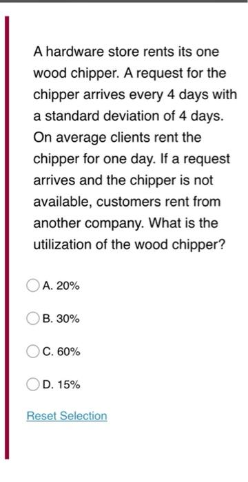A hardware store rents its one wood chipper. A