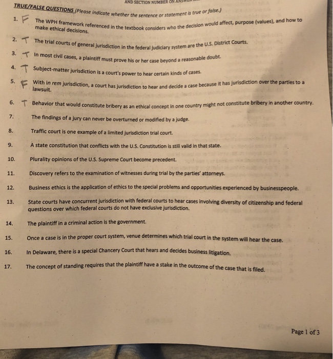 Please help with these true or false AND SECTION